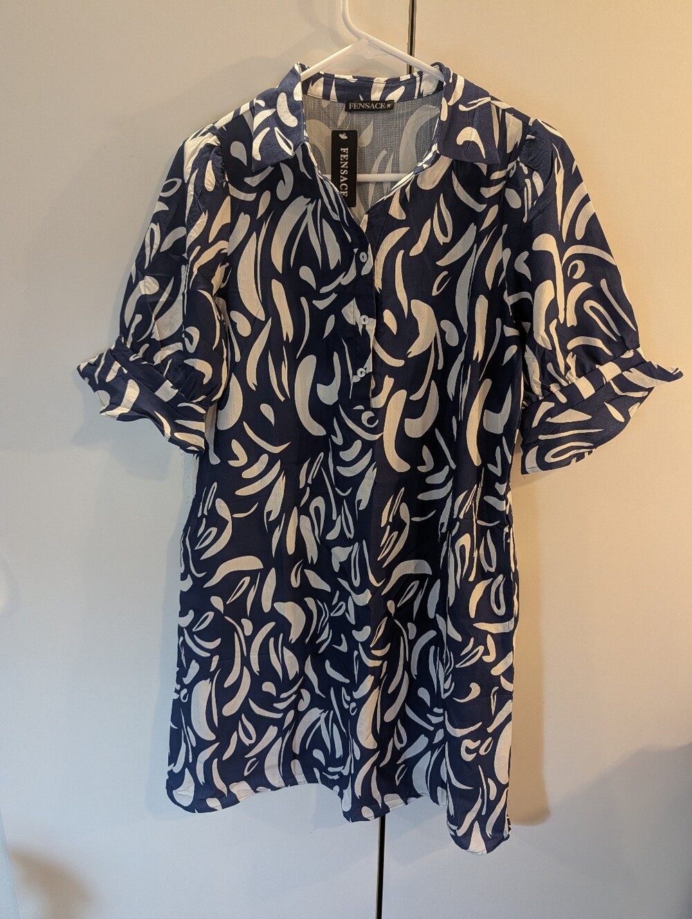 Fensace Navy & White Printed Button-Front Women's  Dress Medium NWT